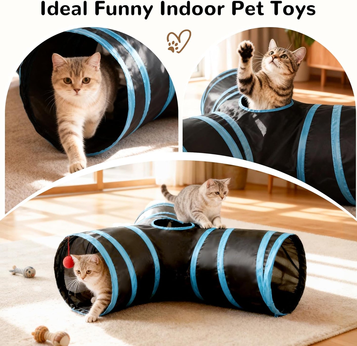 Collapsible 3-Way Cat Tunnel with Interactive Teaser Wand, Peek Holes, and Hanging Ball - Black & Blue