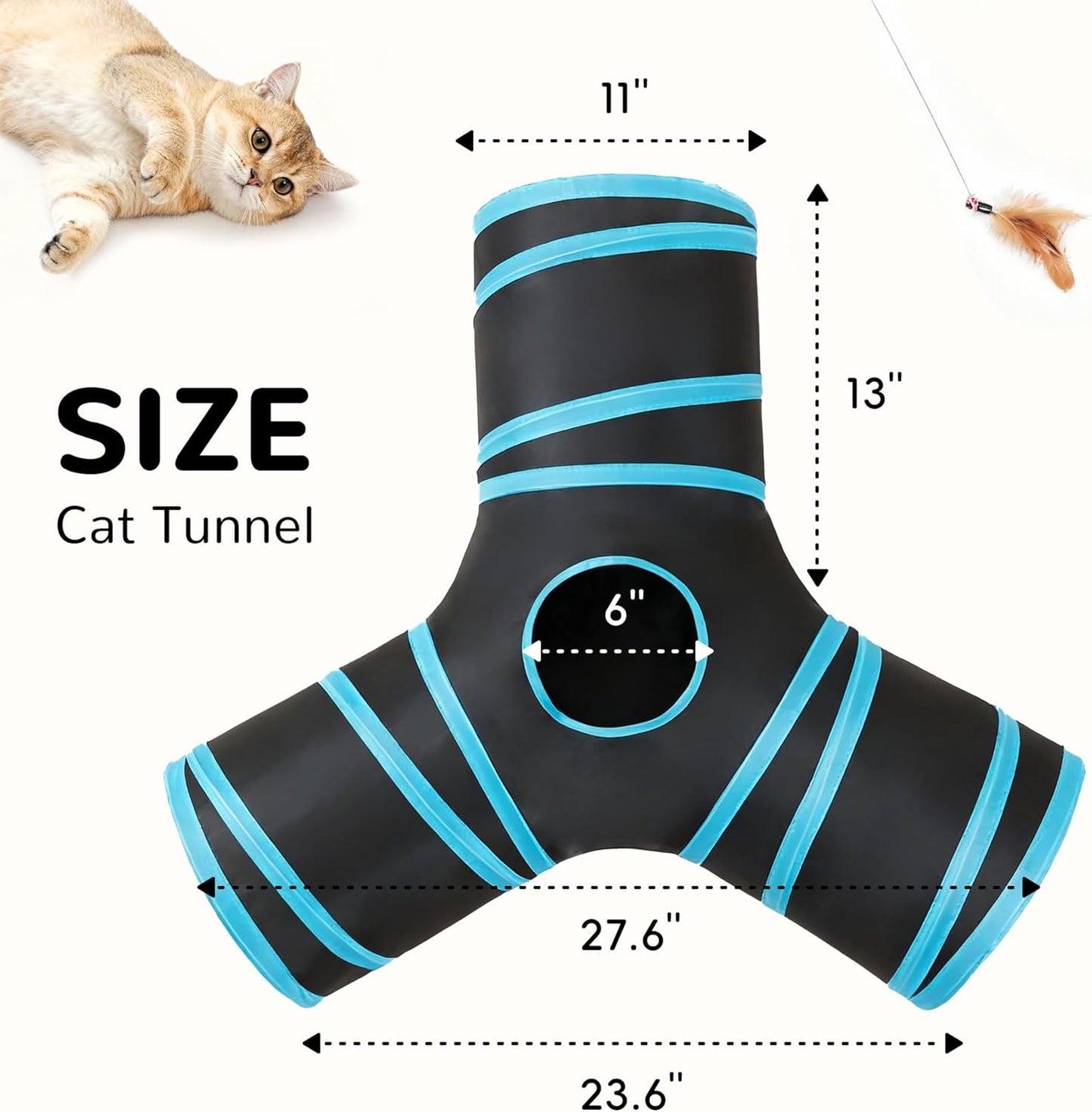 Collapsible 3-Way Cat Tunnel with Interactive Teaser Wand, Peek Holes, and Hanging Ball - Black & Blue