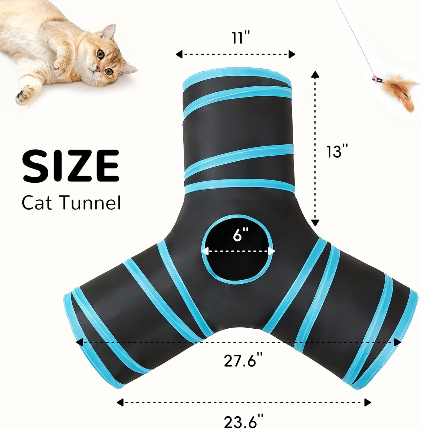 Collapsible 3-Way Cat Tunnel with Interactive Teaser Wand, Peek Holes, and Hanging Ball - Black & Blue