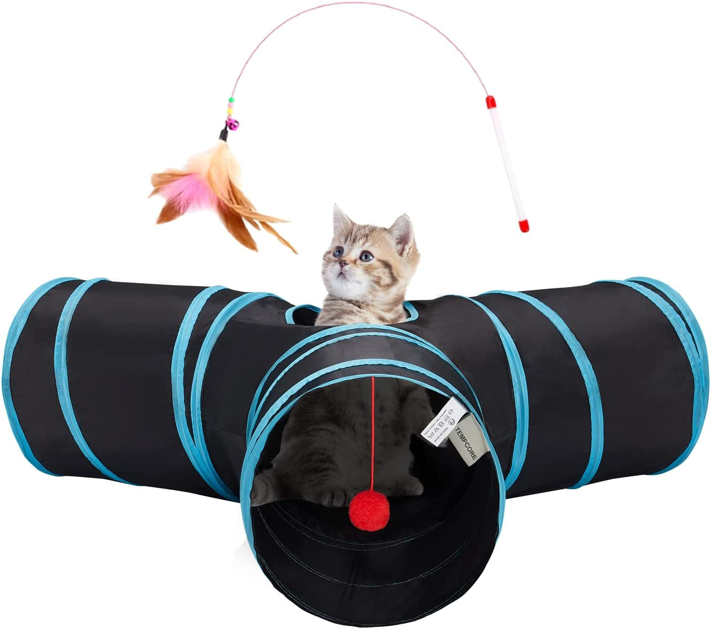 Collapsible 3-Way Cat Tunnel with Interactive Teaser Wand, Peek Holes, and Hanging Ball - Black & Blue
