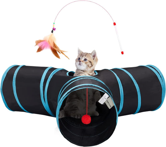 Collapsible 3-Way Cat Tunnel with Interactive Teaser Wand, Peek Holes, and Hanging Ball - Black & Blue