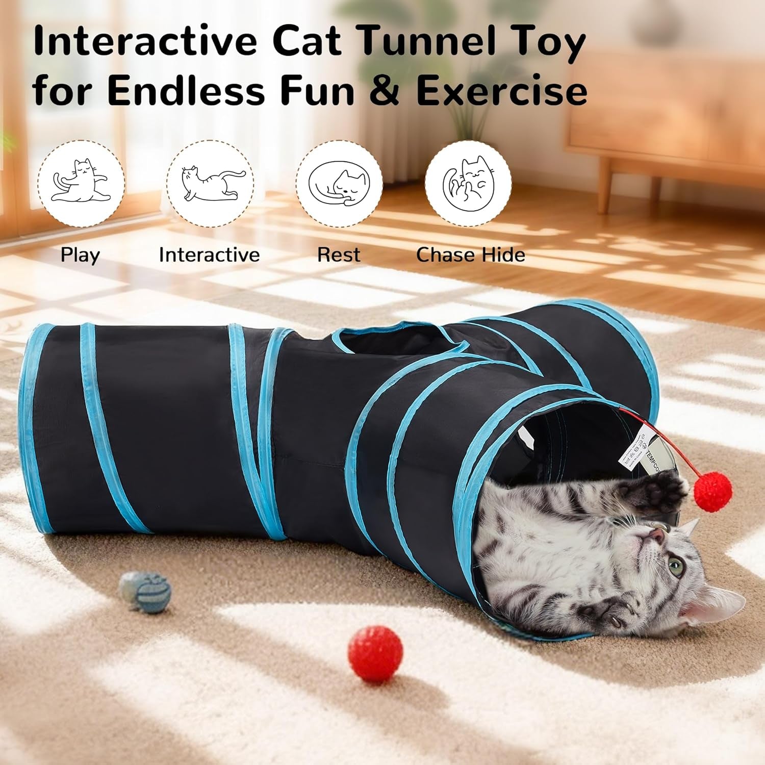 Collapsible 3-Way Cat Tunnel with Interactive Teaser Wand, Peek Holes, and Hanging Ball - Black & Blue