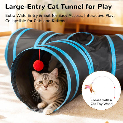 Collapsible 3-Way Cat Tunnel with Interactive Teaser Wand, Peek Holes, and Hanging Ball - Black & Blue