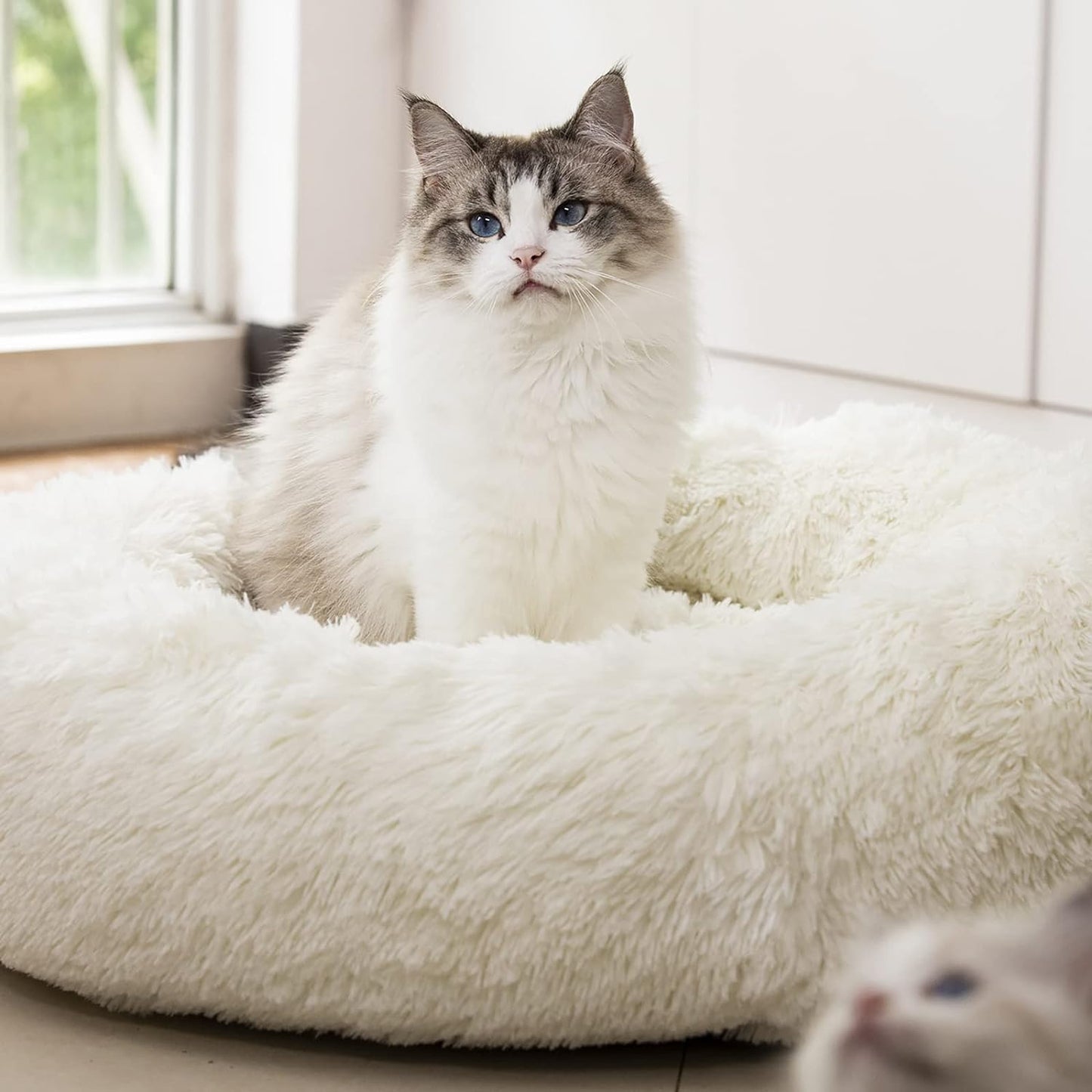 Anti-Anxiety Plush Faux Fur Washable Pet Bed for Dogs and Cats, Joint Relief and Sleep Improvement, Available in 20", 24", and 27" (27", White)