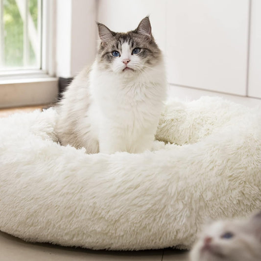 Anti-Anxiety Plush Faux Fur Washable Pet Bed for Dogs and Cats, Joint Relief and Sleep Improvement, Available in 20", 24", and 27" (27", White)
