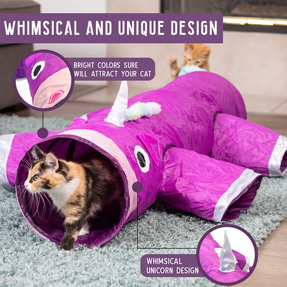 Magic Mewnicorn Multi-Purpose Cat Tunnel with Crinkle Feather String for Dogs, Cats, Rabbits, Kittens, and Guinea Pigs - Ideal for Hiding, Hunting, and Resting