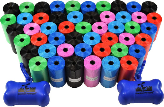 Dog Waste Bags (1000 Count - Assorted Colors) with 2 Dispensers for Leashes and Harnesses - Leak-Proof and Unscented Poop Bags