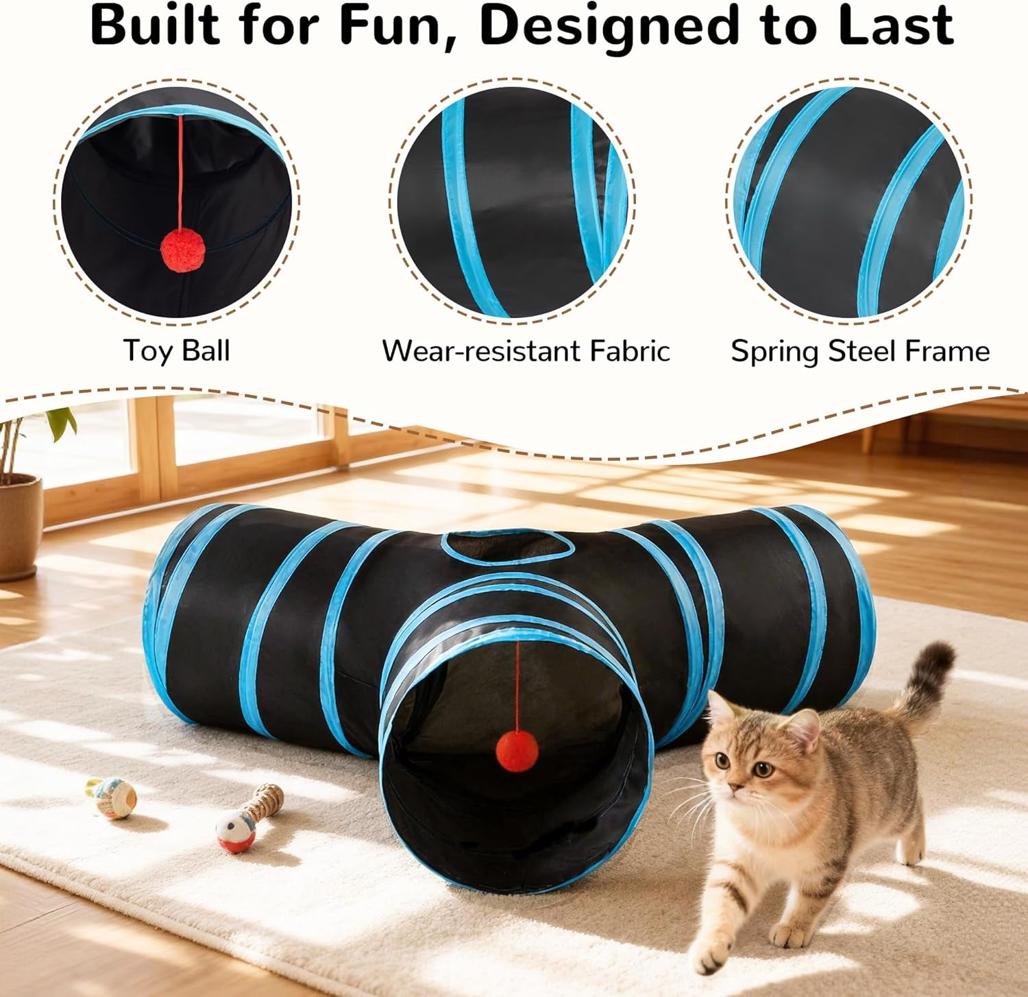 Collapsible 3-Way Cat Tunnel with Interactive Teaser Wand, Peek Holes, and Hanging Ball - Black & Blue