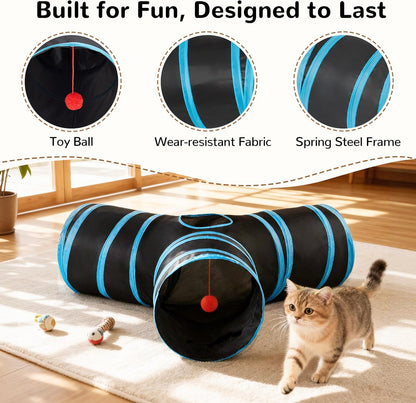 Collapsible 3-Way Cat Tunnel with Interactive Teaser Wand, Peek Holes, and Hanging Ball - Black & Blue