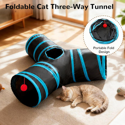 Collapsible 3-Way Cat Tunnel with Interactive Teaser Wand, Peek Holes, and Hanging Ball - Black & Blue